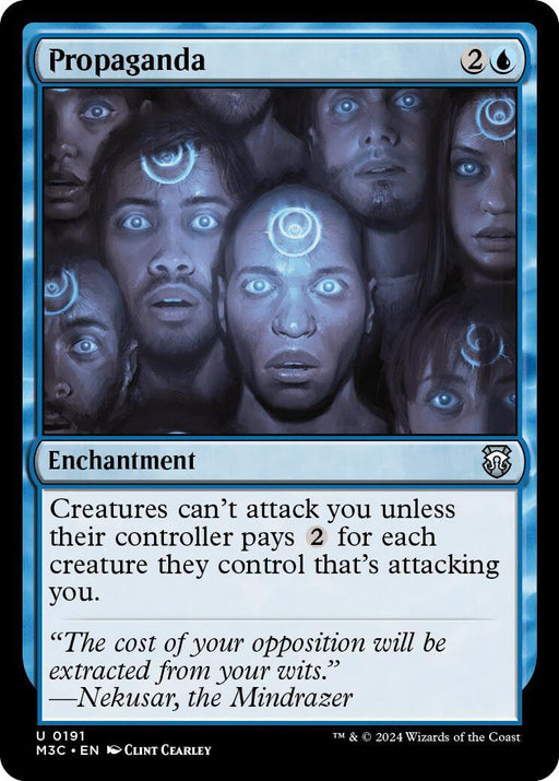 Magic: The Gathering product titled "Propaganda [Modern Horizons 3 Commander]." It features a group of wide-eyed people with glowing blue symbols on their foreheads, looking hypnotized. The product's text reads, "Creatures can't attack you unless their controller pays 2 for each creature they control that's attacking you.