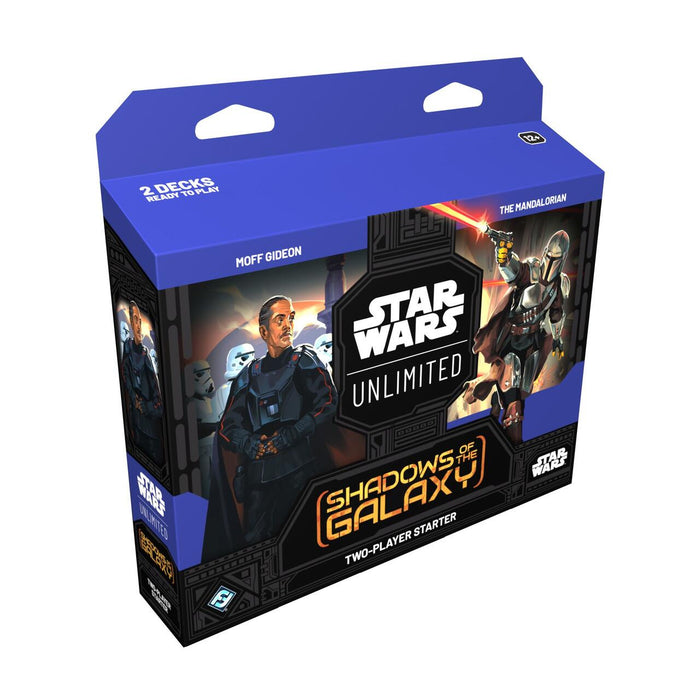 Introducing "Shadows of the Galaxy - Two-Player Starter" by Fantasy Flight Games, a boxed set for the "Star Wars: Unlimited" card game. The box features striking artwork of Moff Gideon and The Mandalorian, with stormtroopers prowling in the background. This package comes with two ready-to-play decks, making it an ideal choice for any fan of the Mandalorian universe.