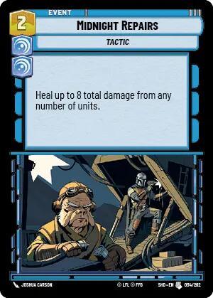The "Midnight Repairs (054/262) [Shadows of the Galaxy]" Event Card from Fantasy Flight Games features a tactic that reads, "Heal up to 8 total damage from any number of units." The illustration depicts two characters working on repairs at night, one at a table and another holding tools.