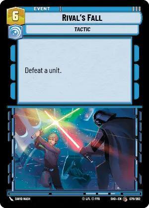 A trading card titled "Rival's Fall (079/262) [Shadows of the Galaxy]" from Fantasy Flight Games, featuring an "Event" type with "Tactic" subtext. Text reads, "Defeat a unit." The artwork depicts a lightsaber battle between two characters, one with a green lightsaber and the other with a red lightsaber, in a futuristic setting.