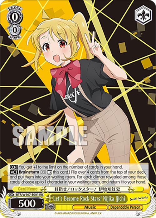 An anime-style illustration of Nijika Ijichi from "BanG Dream!" and BOCCHI THE ROCK! She smiles and waves with her left hand, wearing a beige checkered blazer, red bow tie, and a lanyard. Notable text includes "Let's Become Rock Stars! Nijika Ijichi (BTR/W107-E001 RR) [BOCCHI THE ROCK!]" with Double Rare card stats at the bottom by Bushiroad.