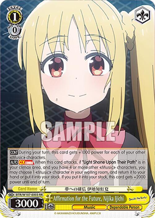 A trading card features an anime-style character with long blonde hair and red eyes, wearing a school uniform. Titled "Affirmation for the Future, Nijika Ijichi (BTR/W107-E003 RR) [BOCCHI THE ROCK!]" from Bushiroad, this Double Rare card details the character's music abilities and stats, with "3000" highlighted at the bottom. "SAMPLE" is stamped across the image.