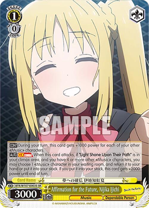 The image shows an Affirmation for the Future, Nijika Ijichi (BTR/W107-E003S SR) [BOCCHI THE ROCK!] trading card by Bushiroad featuring a blonde anime girl with long hair tied in twin tails, smiling brightly. She is wearing a white shirt with maroon overalls and a grey necktie. The card text details her abilities and stats, with the name "Nijika Ijichi" from Bocchi the Rock! visible under the "SAMPLE" watermark.