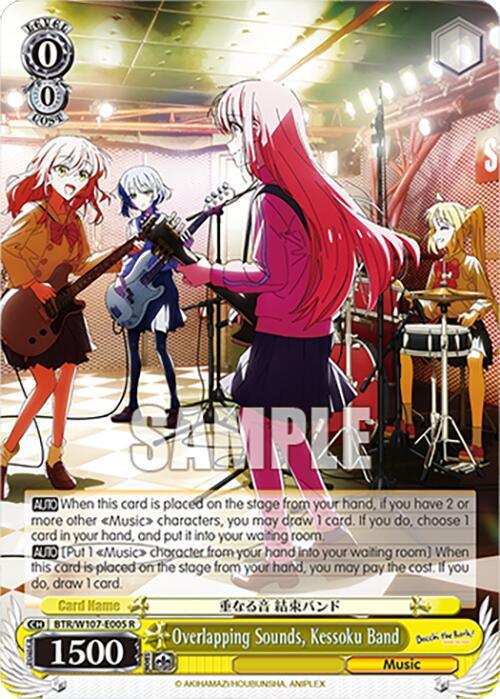 An anime-style illustration of an all-female band performing on a stage, reminiscent of BOCCHI THE ROCK!. The scene has four members: a keyboardist, a singer with pink hair, a drummer, and a guitarist. Stage lighting and musical equipment set the mood. The card text and stats of Overlapping Sounds, Kessoku Band (BTR/W107-E005 R) [BOCCHI THE ROCK!] by Bushiroad are clearly visible at the bottom.