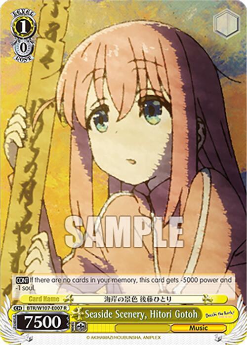 A rare character card from BOCCHI THE ROCK! featuring Seaside Scenery, Hitori Gotoh (BTR/W107-E007 R) [BOCCHI THE ROCK!] with pink hair, looking contemplatively to the side. The trading card includes stats like a power level of 7500 and abilities such as gaining power and soul points under certain conditions. "SAMPLE" is overlaid on the image. This product is by Bushiroad.