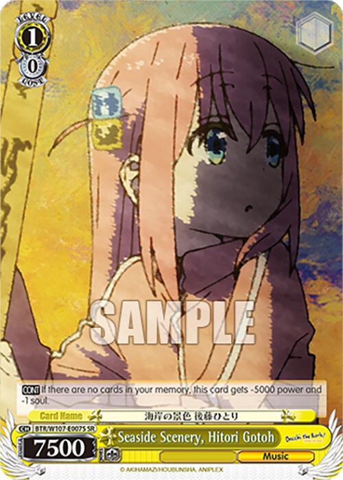 An anime-style character card from *BOCCHI THE ROCK!* features a pink-haired girl gazing thoughtfully to the side against a seascape backdrop. She wears a yellow hairpin and holds a scarf. Labeled "Seaside Scenery, Hitori Gotoh (BTR/W107-E007S SR) [BOCCHI THE ROCK!]," this Bushiroad Super Rare card has stats and sections, with "SAMPLE" across the middle.