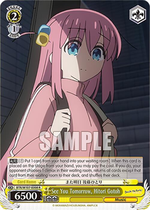 The image is of a rare collectible card from Bushiroad featuring an anime character named Hitori Gotoh. The character has pink hair and blue eyes, wearing a blue jacket and looking thoughtful. The card's title reads "See You Tomorrow, Hitori Gotoh (BTR/W107-E008 R) [BOCCHI THE ROCK!]" with game statistics and effects related to music.