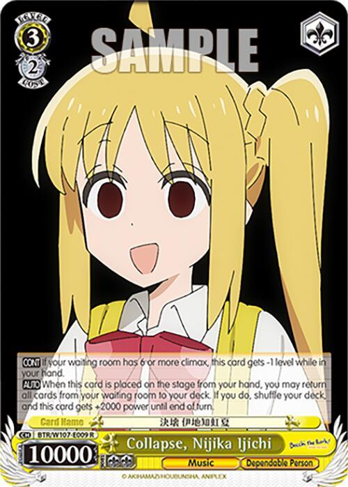 An anime-style trading card from the 2024 release, featuring a blonde character with long pigtails and a red ribbon. Labeled "Collapse, Nijika Ijichi (BTR/W107-E009 R) [BOCCHI THE ROCK!]" with a power level of 10000 and attributes "Music" and "Dependable Person," this Rare Character Card from BOCCHI THE ROCK! by Bushiroad includes detailed abilities around the card.