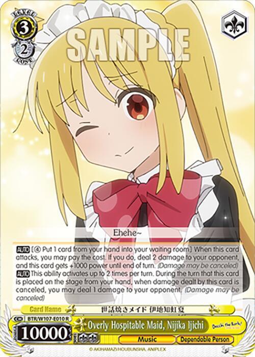 A trading card image featuring “Overly Hospitable Maid, Nijika Ijichi (BTR/W107-E010 R) [BOCCHI THE ROCK!]” from Bushiroad. The rare character card shows an anime girl with long blonde hair, wearing a maid outfit, winking and smiling while holding her hands together. Text detailing her abilities and stats is visible below.