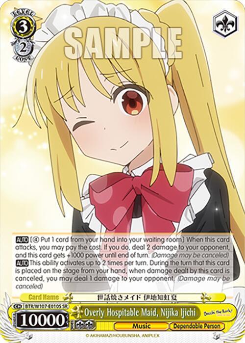 A trading card features an anime character named Nijika Ijichi from BOCCHI THE ROCK! She has long blonde hair tied into twin tails and wears a maid outfit. This Super Rare card, Overly Hospitable Maid, Nijika Ijichi (BTR/W107-E010S SR) [BOCCHI THE ROCK!], includes attributes like "Level 3" and "Power 10000," with text detailing Nijika's special abilities. The card is produced by Bushiroad.