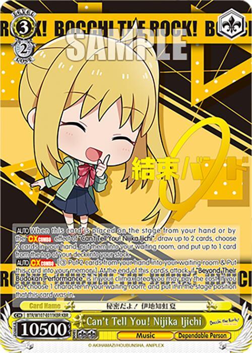 A Kessoku Band Rare trading card featuring an animated blonde girl in a school uniform holding her hand to her face, appearing cheerful with closed eyes and a big smile. The card, valued at "10500," is intricately designed with the title "Can't Tell You! Nijika Ijichi (BTR/W107-E011KBR KBR) [BOCCHI THE ROCK!]" from Bushiroad and additional descriptive text below.