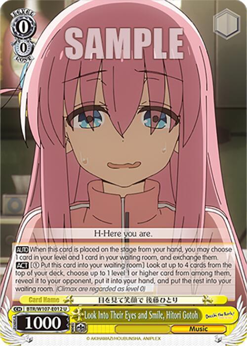This Look Into Their Eyes and Smile, Hitori Gotoh (BTR/W107-E012 U) [BOCCHI THE ROCK!] from Bushiroad features Hitori Gotoh with long pink hair and blue eyes, sporting a nervous expression. Her dialogue, "H-Here you are," is below her image. With 1000 power, the card includes game text about deck shuffling and revealing Music Traits cards.