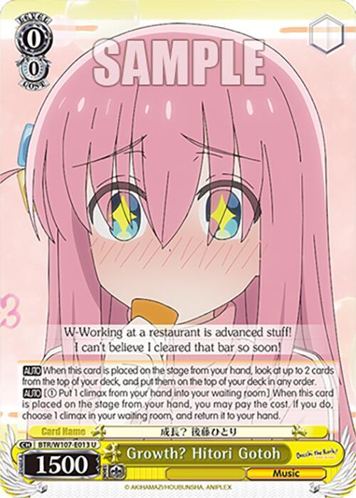 A pink-haired anime girl with wide eyes and a nervous expression, blushing, and holding her hands in front of her face. She is dressed in a pink outfit. The card text reads, “W-Working at a restaurant is advanced stuff! I can't believe I cleared that bar so soon!” Named "Growth? Hitori Gotoh (BTR/W107-E013 U) [BOCCHI THE ROCK!]" from Bushiroad, this Uncommon Card