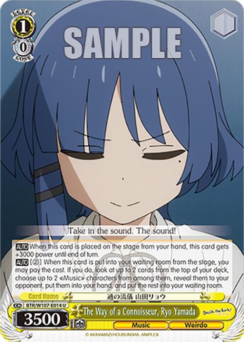 An anime-style character with blue hair and closed eyes is depicted on The Way of a Connoisseur, Ryo Yamada (BTR/W107-E014 U) [BOCCHI THE ROCK!] by Bushiroad. The card features the name "Ryo Yamada" with stats, abilities, and classifications like "Music Traits" and "Weirdo." Text atop the image says "SAMPLE." The quotation reads, "Take in the sound. The sound!" from BOCCHI THE ROCK!