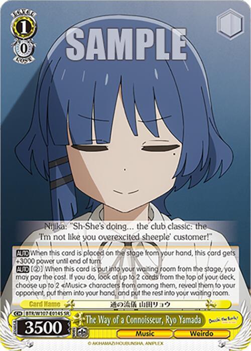 A **The Way of a Connoisseur, Ryo Yamada (BTR/W107-E014S SR) [BOCCHI THE ROCK!]** trading card featuring an anime character from BOCCHI THE ROCK! with short blue hair and a neutral expression. The character stands against a plain background. Text at the top reads "SAMPLE." The card has various stats, a power rating of 3500, and detailed descriptions of the character's abilities. *Brand Name: Bushiroad.*
