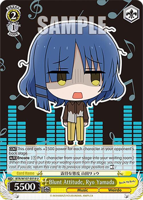 The image shows an Uncommon Character Card for "Blunt Attitude, Ryo Yamada (BTR/W107-E018 U) [BOCCHI THE ROCK!]" from Bushiroad. The character, with short blue hair, wears a yellow sweater and black pants, and sports a distressed expression. The card features various stats and abilities along with decorative background elements highlighting Music Weirdo Traits.