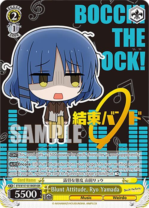 An anime-style character card features Ryo Yamada from "BOCCHI THE ROCK!" in a chibi form with blue hair, a yellow blazer, and a brown skirt. This Blunt Attitude, Ryo Yamada (BTR/W107-E018KBR KBR) [BOCCHI THE ROCK!] card by Bushiroad has stats including a power of 5500 and is part of the "Music" and "Weirdo" series. The background is teal and black with musical notes.