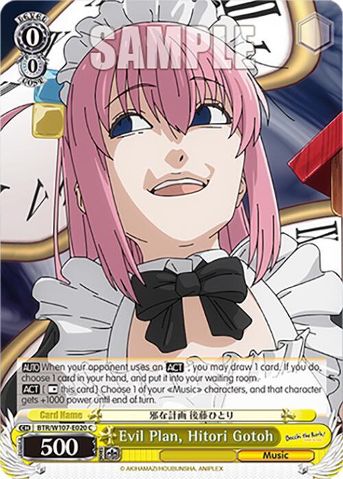 A trading card featuring a pink-haired animated character in a maid outfit with a white frilled cap, grinning mischievously. The background shows oversized clocks with roman numerals. This Bushiroad BOCCHI THE ROCK! Common Card has "Evil Plan, Hitori Gotoh (BTR/W107-E020 C) [BOCCHI THE ROCK!]" at the bottom and game stats on the left side with "SAMPLE" overlaid.