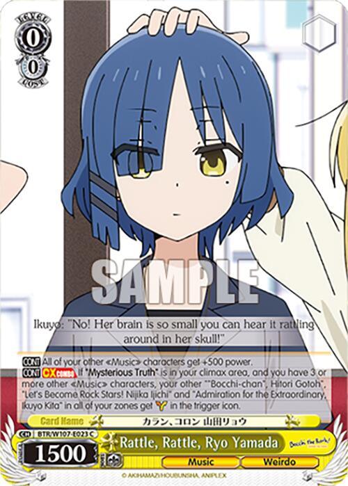 A Bushiroad trading card featuring an animated character with blue hair wearing a blue school uniform. The character's expression appears concerned, hinting at a Mysterious Truth. Text details include "Rattle, Rattle, Ryo Yamada" from BOCCHI THE ROCK and various game stats. A "SAMPLE" watermark covers part of the image.
Product Name: Rattle, Rattle, Ryo Yamada (BTR/W107-E023 C) [BOCCHI THE ROCK!]
Brand Name: Bushiroad