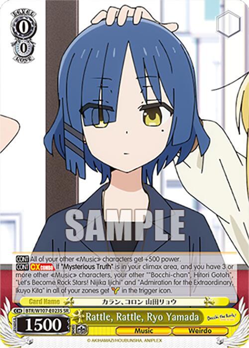 An anime-style card from BOCCHI THE ROCK! features a short blue-haired character with a neutral expression. She wears a white shirt and stands against a light gray background. This Super Rare card, Rattle, Rattle, Ryo Yamada (BTR/W107-E023S SR) [BOCCHI THE ROCK!] by Bushiroad, has various stats and descriptions in both English and Japanese, labeling her as a "Music" and "Weirdo" character.
