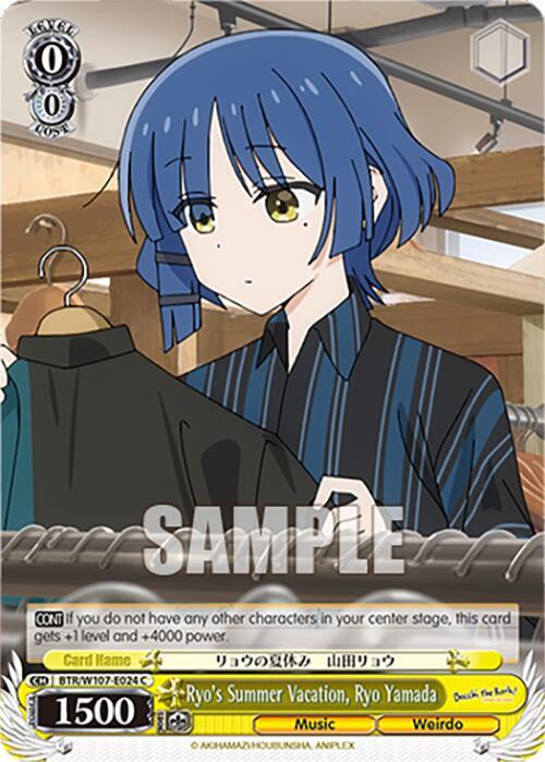 A trading card featuring an anime character with short blue hair and yellow eyes from "BOCCHI THE ROCK!" The character, Ryo Yamada, appears to be looking at a black shirt hanging on a rack. The card has a yellow border and various stats and text in boxes, with "Ryo's Summer Vacation, Ryo Yamada (BTR/W107-E024 C) [BOCCHI THE ROCK!]" at the bottom. It's part of the Bushiroad collection.