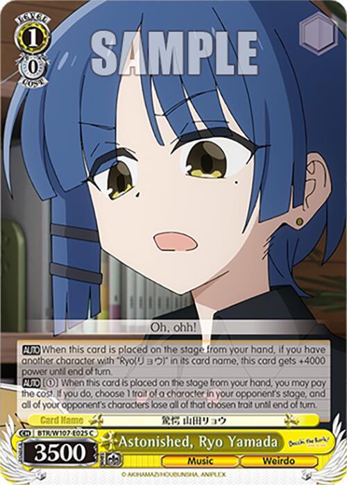 A card from the game BOCCHI THE ROCK! features a character named Ryo Yamada, sporting blue hair, a yellow hairpin, and a shocked expression. The card details character traits and stats, including 3500 power, Music and Weirdo traits, plus various effects that activate under specific conditions. This card is titled Astonished, Ryo Yamada (BTR/W107-E025 C) [BOCCHI THE ROCK!] by Bushiroad.