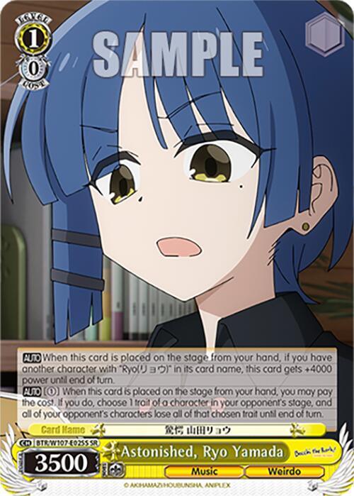 A Bushiroad Super Rare trading card featuring "Astonished, Ryo Yamada (BTR/W107-E025S SR) [BOCCHI THE ROCK!]" from BOCCHI THE ROCK! The illustration shows the blue-haired character with a surprised expression. The card includes text boxes with descriptions and abilities, along with power stats and specific gameplay effects. The background is yellow with white details.
