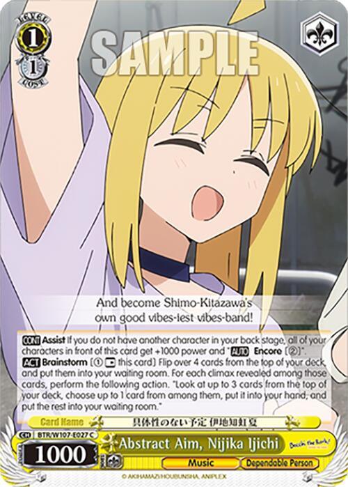 A trading card featuring an anime character from "BOCCHI THE ROCK!" with blonde hair and a yellow outfit, smiling with eyes closed and arms stretched up. She is depicted in front of a light purple background. The card, titled "Abstract Aim, Nijika Ijichi (BTR/W107-E027 C) [BOCCHI THE ROCK!]," falls under Yellow Level 1 and includes several text boxes with game statistics and descriptions. The brand name for this product is Bushiroad.