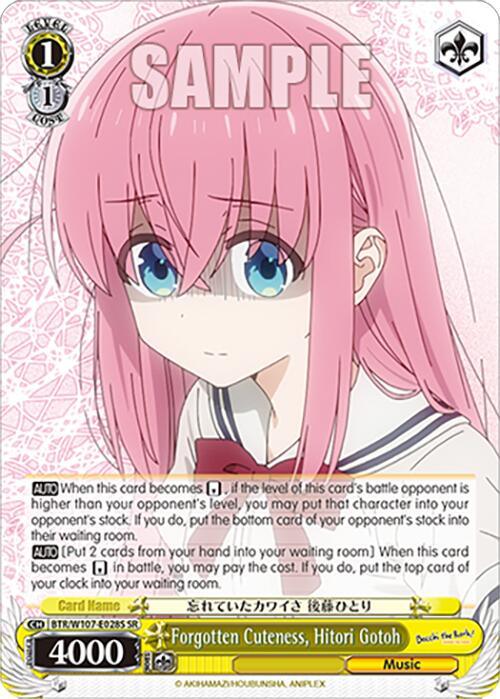 An anime-style trading card featuring a Super Rare character with long pink hair and blue eyes. The card title reads, "Forgotten Cuteness, Hitori Gotoh (BTR/W107-E028S SR) [BOCCHI THE ROCK!]" from Bushiroad. The card includes various stats, effects, and text detailing the character’s abilities in the game, along with symbols for cost, damage, and type.