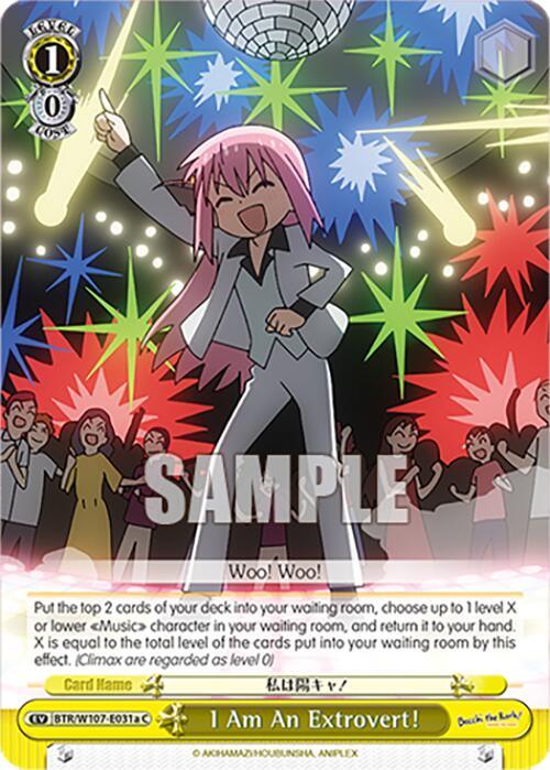 A trading card featuring an anime character with pink hair and glasses, energetically dancing under a disco ball with colorful, animated fireworks and spotlights in the background. The music character is wearing a gray blazer and black pants. Text on the card reads: "Woo! Woo!" and "I Am An Extrovert!” This event card could easily belong in the lively world of Bocchi The Rock! This is "I Am An Extrovert! (A) (BTR/W107-E031a C) [BOCCHI THE ROCK!]" by Bushiroad.