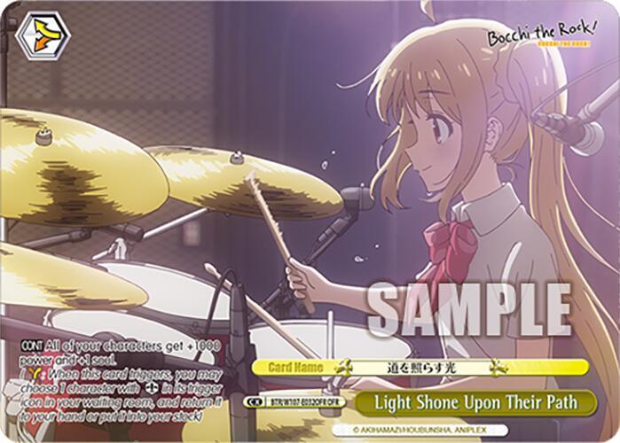 An anime-style image from the series "BOCCHI THE ROCK!" shows a female character with long blonde hair playing the drums energetically. The card, marked "Climax Rare," features the title Light Shone Upon Their Path (BTR/W107-E032OFR OFR) [BOCCHI THE ROCK!] and includes game details at the bottom. The word "SAMPLE" is overlaid on the image, part of Bushiroad's collection.
