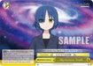 A Japanese trading card featuring an anime-style character with short blue hair and a neutral expression, set against a vibrant galaxy background. Text on the card includes "Card Name: Mysterious Truth" and "When I study too hard, I forget how to play bass." The word "SAMPLE" is stamped across the image. BOCCHI THE ROCK! fans will appreciate its Climax Common feel. This is the Mysterious Truth (BTR/W107-E035 CC) [BOCCHI THE ROCK!] by Bushiroad.