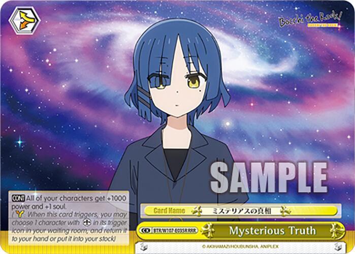 An anime-style card from the game "Weiss Schwarz" features a blue-haired character wearing a dark blazer against a starry galaxy background. The card, labeled "Mysterious Truth (BTR/W107-E035R RRR) [BOCCHI THE ROCK!]," includes game details and text. Overlaying the captivating scene is the word "SAMPLE." This Climax card from Bushiroad brings intense gameplay.