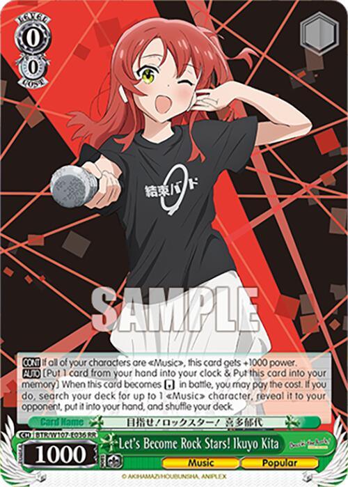 A "Let's Become Rock Stars! Ikuyo Kita (BTR/W107-E036 RR) [BOCCHI THE ROCK!]" Double Rare trading card from Bushiroad featuring music character Ikuyo Kita. She is depicted with red hair and holding a microphone, against a vibrant background of black and orange geometric shapes. The title at the bottom reads "Let's Become Rock Stars! Ikuyo Kita" from BOCCHI THE ROCK!.