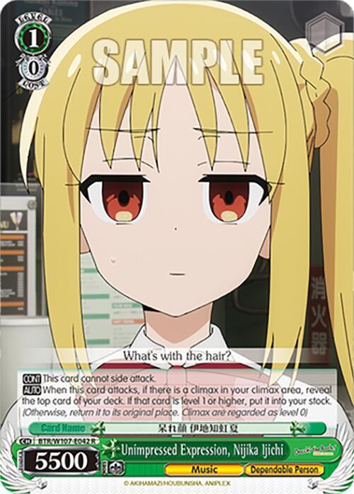 A rare character card featuring Unimpressed Expression, Nijika Ijichi (BTR/W107-E042 R) [BOCCHI THE ROCK!] from Bushiroad portrays an anime character with long blonde hair and red eyes, standing in front of a blank background. She has a neutral expression and is wearing a white uniform with a red tie. The text on the card includes her name and music traits stats for the card game.