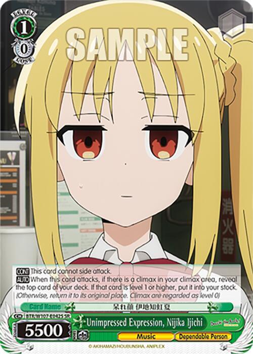 A trading card features an anime character with long blonde hair, red eyes, and a neutral expression. She wears a white collared shirt with a red tie. The card's border is green, containing various symbols and Japanese text. Labelled "Unimpressed Expression, Nijika Ijichi (BTR/W107-E042S SR) [BOCCHI THE ROCK!]," this Super Rare Character Card from Bushiroad boasts a power level of 5500.