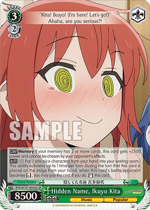 A Super Rare trading card from Bushiroad featuring Ikuyo Kita from "BanG Dream!" and "BOCCHI THE ROCK!". She has red hair, spiral eyes, and a cheerful expression. The card is labeled "Hidden Name, Ikuyo Kita (BTR/W107-E043S SR) [BOCCHI THE ROCK!]" and includes stats like "Level 2" and "8500 power." Various abilities and game text are detailed below the image.