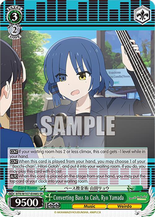 A trading card featuring an anime-style character with short blue hair playing a bass guitar. The character, from BOCCHI THE ROCK!, wears a blue school uniform and is set against a backdrop of blue sky and trees. This Super Rare card, Converting Bass to Cash, Ryo Yamada (BTR/W107-E044S SR) [BOCCHI THE ROCK!] by Bushiroad, has various stats, including a numeric value of 9500. "Sample" is watermarked across the image.