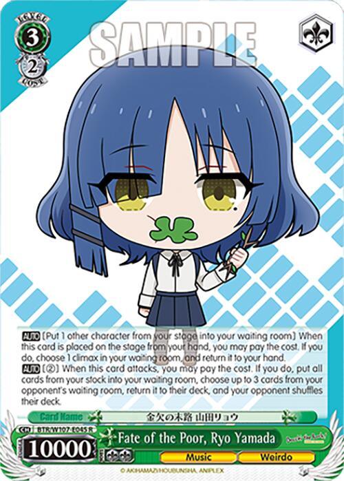A trading card features a chibi-style character with blue hair and a cloverleaf in her mouth, wearing a white and blue sailor outfit. Titled "Fate of the Poor, Ryo Yamada (BTR/W107-E045 R) [BOCCHI THE ROCK!]," this Green Level 3 Rare Character Card from Bushiroad belongs to the "Music" and "Weirdo" categories. Text and gameplay instructions are printed around the