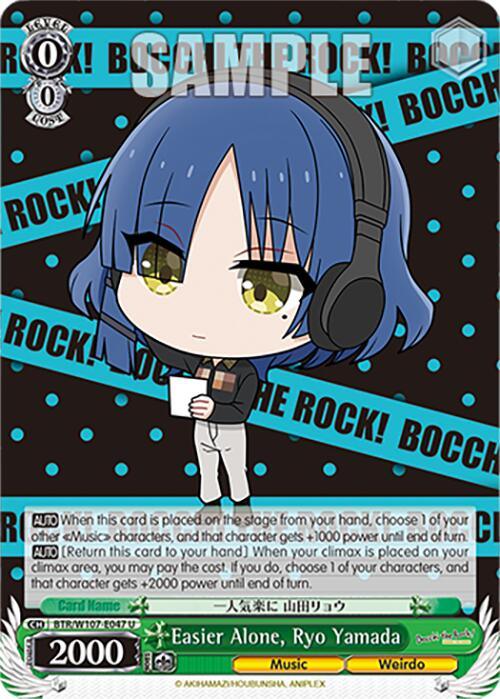A chibi-style illustration of a character with blue hair and a straight fringe, wearing a gray jacket over a white shirt. The character has a serious expression, holding an Easier Alone, Ryo Yamada (BTR/W107-E047 U) [BOCCHI THE ROCK!] by Bushiroad. The background features "BOCCHI!" in blue against black, referencing BOCCHI THE ROCK!. Card text and stats are displayed at the bottom.