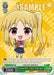 A vibrant trading card featuring a chibi-style blonde girl with red eyes and a ponytail. She wears a school uniform with a blue skirt and red tie, and she flashes a peace sign. The background is yellow with patterns. This Serving With a Smile, Nijika Ijichi (BTR/W107-E048KBR KBR) [BOCCHI THE ROCK!] card from Bushiroad includes “SAMPLE,” game details, "Level 0," and power "2500".
