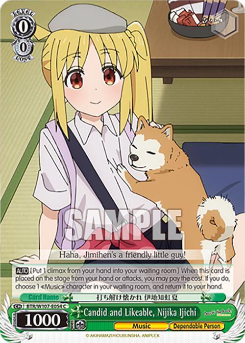 A trading card features an anime girl with long blond hair, wearing a light purple hat, and a white and purple school uniform. She smiles, holding a cute tan and white dog on her lap. There is a brown table behind the girl with various colorful items on it. As part of the 