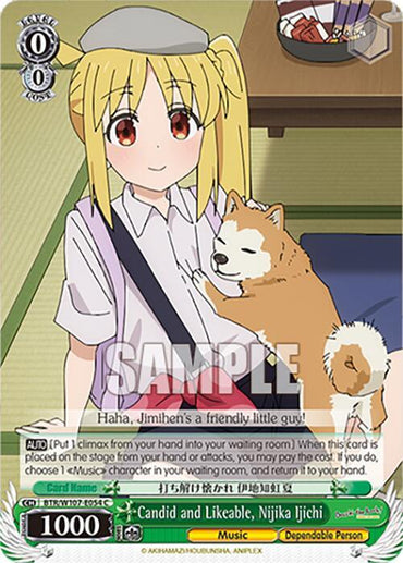 A trading card features an anime girl with long blond hair, wearing a light purple hat, and a white and purple school uniform. She smiles, holding a cute tan and white dog on her lap. There is a brown table behind the girl with various colorful items on it. As part of the "BOCCHI THE ROCK!" collection, this music character's release date is 2024. Candid and Likeable, Nijika Ijichi (BTR/W107-E054 C) [BOCCHI THE ROCK!] by Bushiroad.