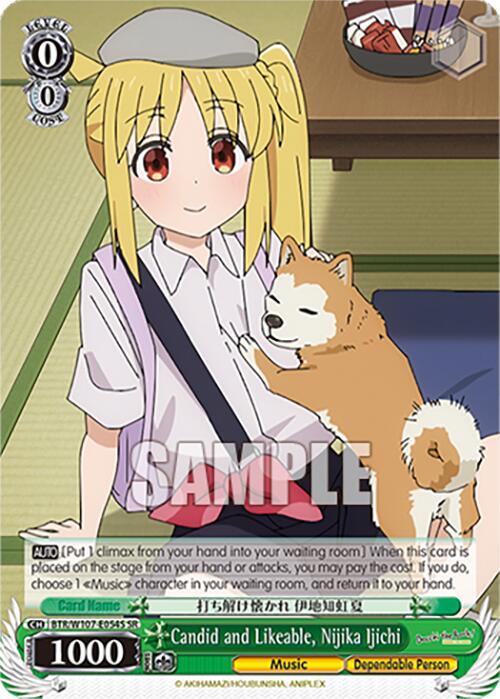 A super rare trading card, Candid and Likeable, Nijika Ijichi (BTR/W107-E054S SR) [BOCCHI THE ROCK!] by Bushiroad, features an anime-style drawing of a girl with long blonde hair, wearing a white beret, light purple shirt, and dark purple pinafore. Reminiscent of Bocchi The Rock!, she is smiling and holding a light brown and white dog that is resting its head on her chest. The background shows a table with various items.