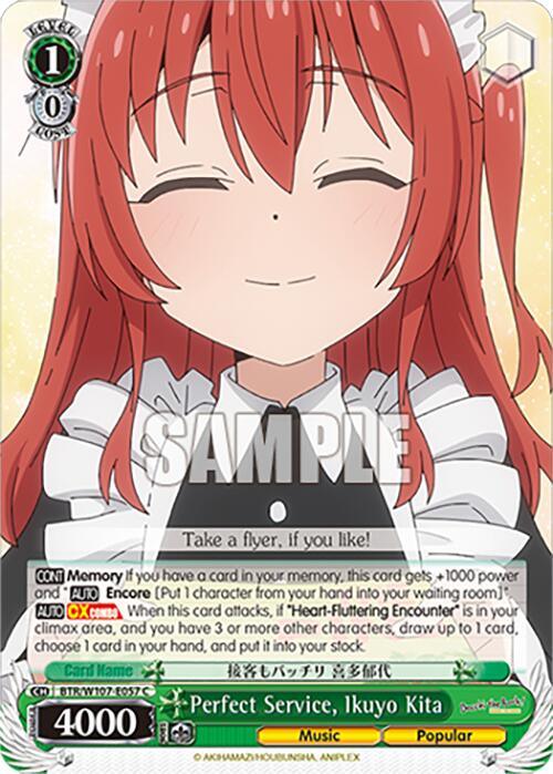 A character card featuring Ikuyo Kita from BOCCHI THE ROCK!, branded by Bushiroad. The product is named Perfect Service, Ikuyo Kita (BTR/W107-E057 C) [BOCCHI THE ROCK!]. She has long red hair tied into twintails and is wearing a black and white maid outfit. The card showcases various stats and descriptions, including "Perfect Service, Ikuyo Kita," "Music traits," and "Popular." The card is labeled "SAMPLE" in large text.