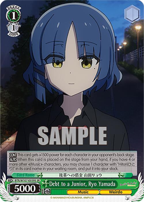 A Debt to a Junior, Ryo Yamada (BTR/W107-E059S SR) [BOCCHI THE ROCK!] trading card featuring Ryo Yamada, a character with blue hair and yellow eyes, from the anime series "Bocchi the Rock!" She stands outdoors at dusk, wearing a casual outfit and looking straight ahead. The Character Card includes her stats labeled "Music" and "Weirdo." The word "SAMPLE" is printed across the center. This collectible card is part of Bushiroad's extensive product line.