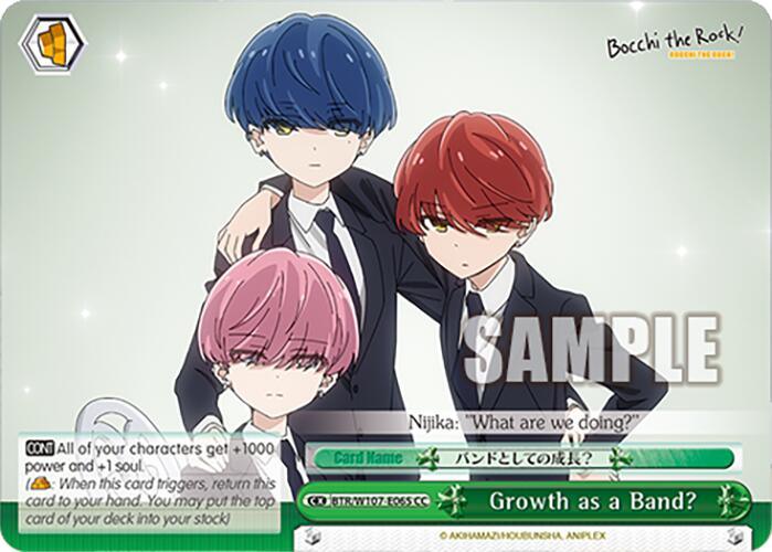A card from the game BOCCHI THE ROCK! featuring three characters in suits. Two characters, one with blue hair and another with red hair, stand behind a character with pink hair. They all have serious expressions. The card, "Growth as a Band? (BTR/W107-E065 CC) [BOCCHI THE ROCK!]" offers +1000 power along with other stats and information, classified as Climax Common by Bushiroad.