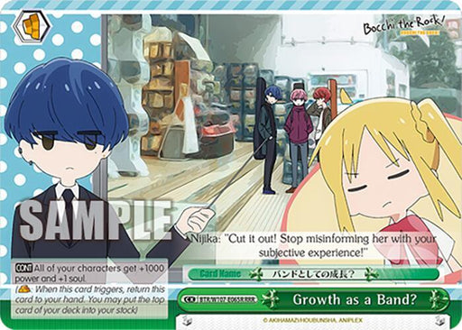 A Growth as a Band? (BTR/W107-E065R RRR) [BOCCHI THE ROCK!] card from the Bushiroad series features two characters, one with blue hair and one with long blonde hair. The irritated blonde exclaims, "Cut it out! Stop misinforming her with your subjective experience!" The card effects are detailed at the bottom.
