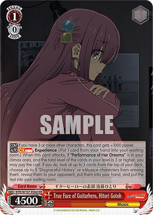 A True Face of Guitarhero, Hitori Gotoh (BTR/W107-E068 RR) [BOCCHI THE ROCK!] card by Bushiroad features an illustration of Hitori Gotoh, a Double Rare character with long pink hair, wearing a maroon hooded sweatshirt and holding a guitar in a dimly lit room. The card includes various stats, music traits, abilities, and text boxed in red and white with a "SAMPLE" watermark over the text area.