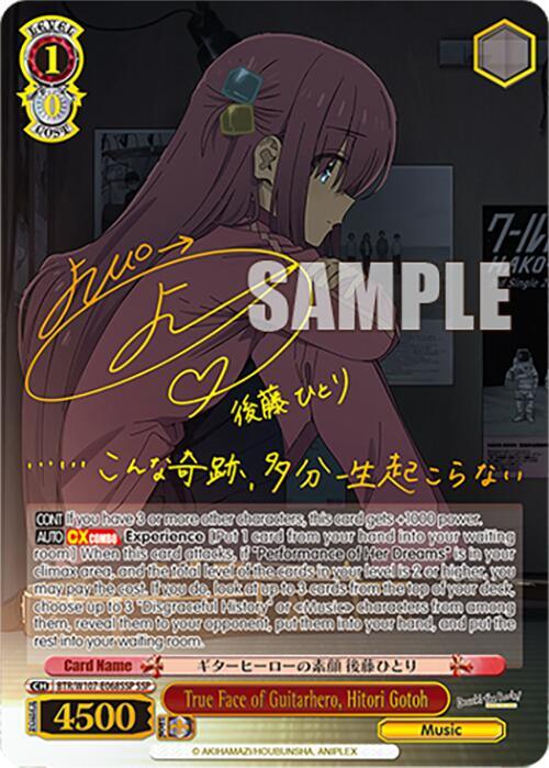 A True Face of Guitarhero, Hitori Gotoh (BTR/W107-E068SSP SSP) [BOCCHI THE ROCK!] character card by Bushiroad featuring Hitori Gotoh from the BOCCHI THE ROCK! anime series. She has long pink hair and is shown looking to the side in a pensive manner. The card contains various stats and text in both English and Japanese, including a signature and a heart symbol.